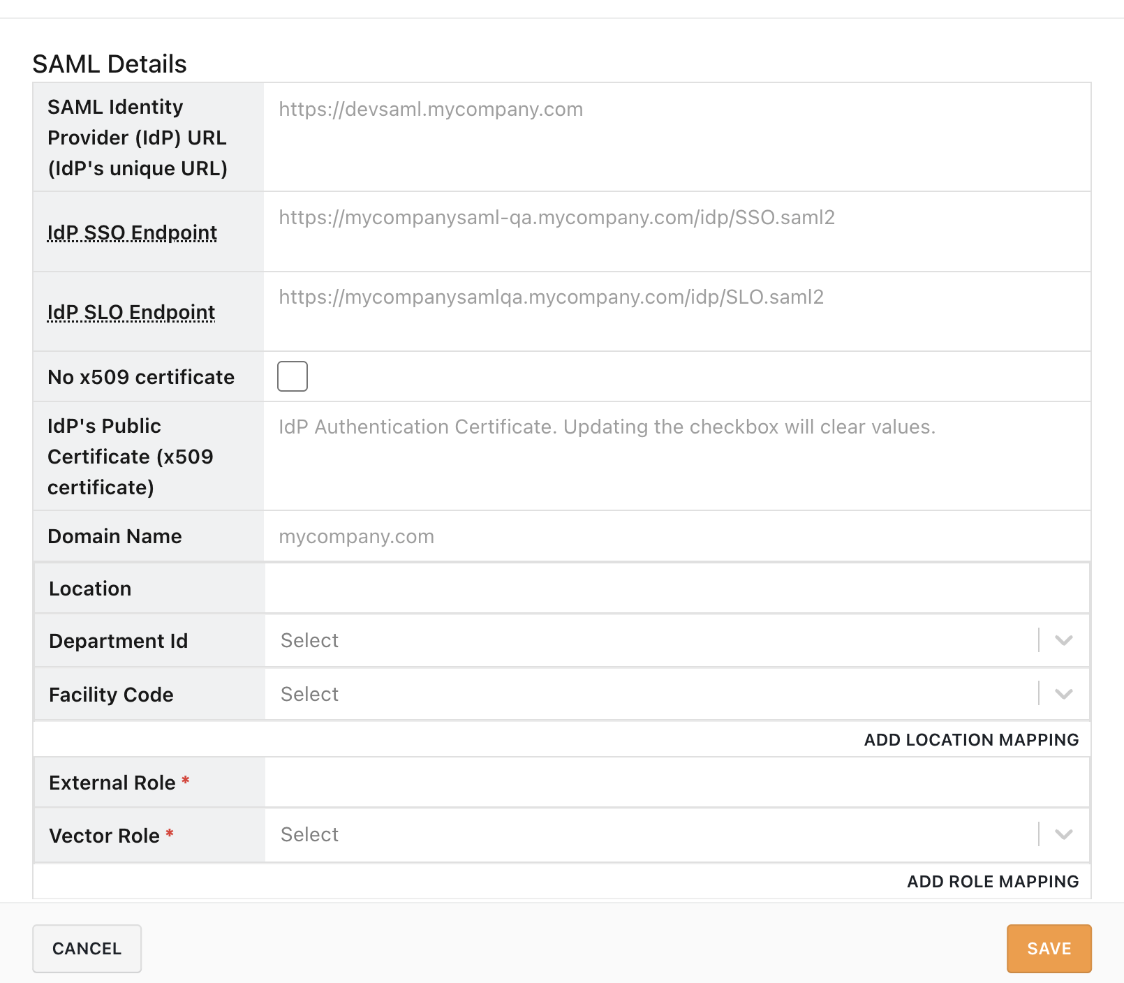 SAML Details configuration form showing fields for SAML Identity Provider URL, IdP SSO Endpoint, IdP SLO Endpoint, x509 certificate options, Domain Name, Location mapping, and Role mapping