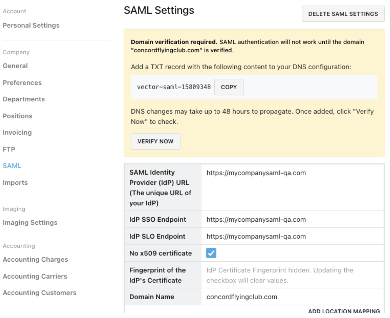 SAML domain verification section showing the verification code and Verify button