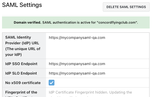 SAML domain verification showing valid status after successful verification